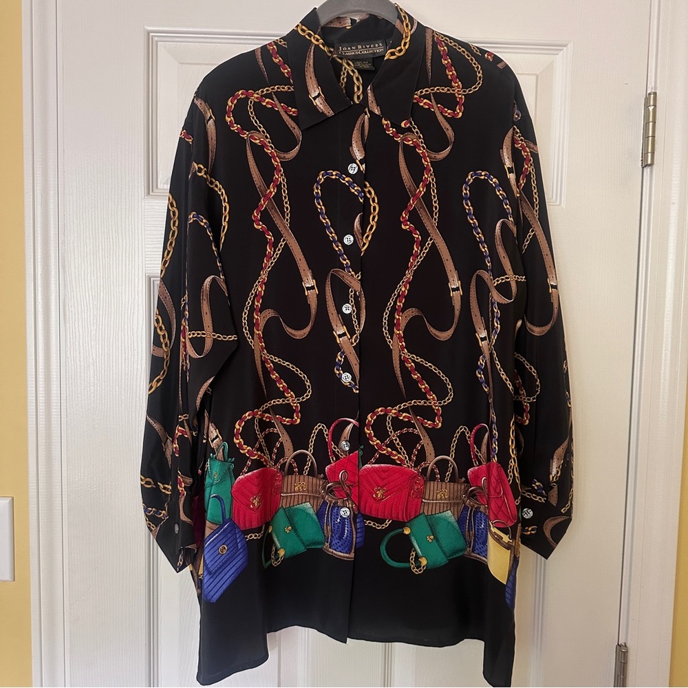 Joan Rivers Classics Collection Vintage Chain/Bag Print Silk Blouse